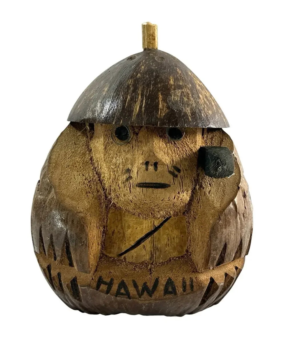 Vintage Hawaii Coconut Shell Man Figurine Coin Bank Folk Art Philippines 8”